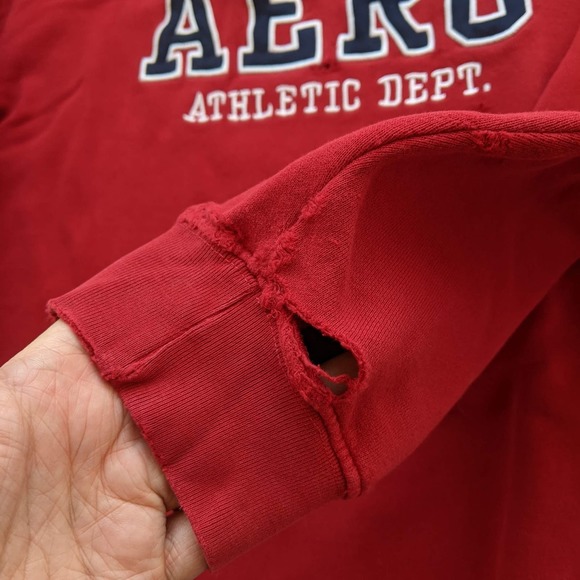 Men's Thrashed Destroyed Aeropostale Sweatshirt L Red Holes Grunge Skater Punk - Picture 7 of 15